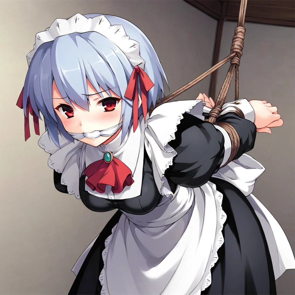 score_9, score_8_superior, score_7_superior, Break Source_anime,  Highest quality, masterpiece, No correction, One girl, Yuki, Blue Hair, short hair, Red eyes, Maid headdress, Hair Ribbon, Maid, dress, apron, Puff sleeves, Juliet Sleeve, Ascot,Leaning forward,Tied up with rope,gag,Struggling,