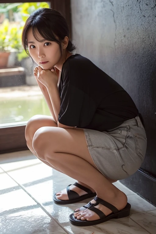 A 35-year-old widow. On a hot summer day, she hides her sultry charm in a thin, oversized shirt. She is mopping the floor. In a squatting pose.