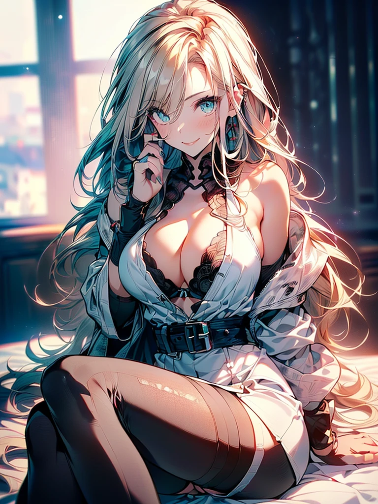 ((A young woman wears a sexy white dress:1.3, cable cardigan:1.3, close-up of chest:1.37, sexually seductive:1.3)), Mature woman with long hair and white dress, white military uniform, red ribbon, Knee-length boots, green eyes, White hair, green inside, full body, great details, beautiful anime illustrations, 26 years old, Take a break, ((milf:1.5, alone:1.5)), (NRF:1.25), (Sagging breasts, refuge chest, big , Thin waist, big ass:1.2), Increase sexiness, (Ultra high resolution, RAW 8k, Realistic picture, Thin outline:1.3, Focus clearly, best quality, natural light, Textile shading, clear background, depth of field, (Bright pupils:1.2, Beautiful, detailed eyes with highlights.:1.3, Highly detailed eyes, Highly detailed face), red lips, Good realistic skin:1.1, look at the audience:1.3, (Dynamic angle:1.3, Focus Target:1.3), (Many poses:0.0, sexy pose:1.3, sitting with opening legs shaped M:1.5), (charming, Smile sexy too.:1.4), The picture in the middle:0.2, (Wearing a long blue coat, translucent lace stockings), (((correct anatomy:1.5))), ((perfect hand:1.5, Ideal body proportions:1.37))