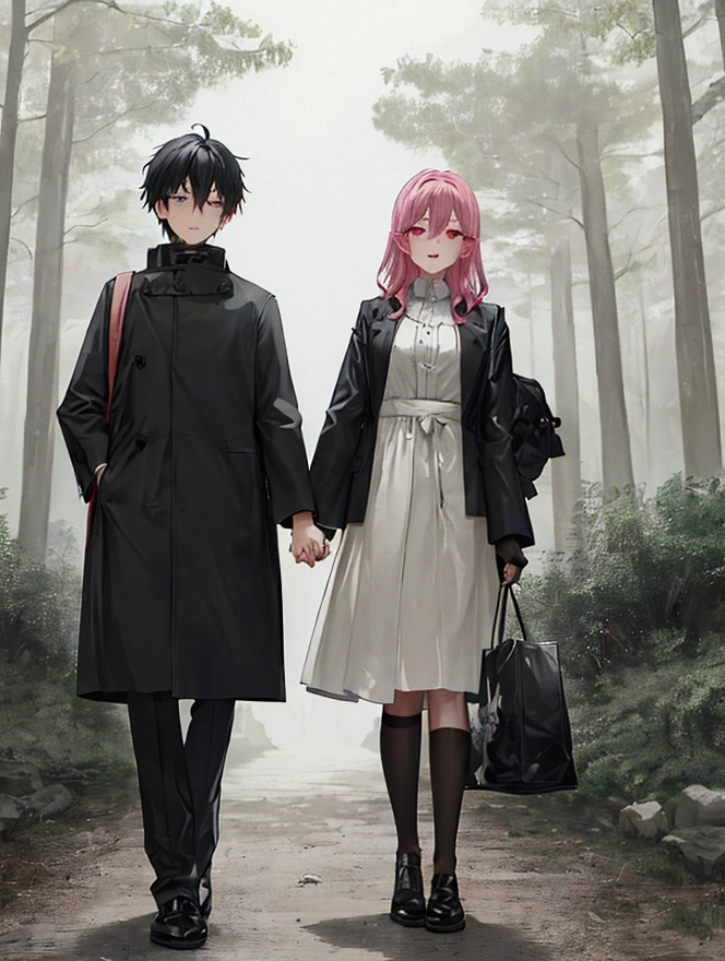 Create an image of a dark, foggy forest path. On this path, there are three characters in anime/manga style: one character is standing in the foreground with their back facing the viewer, wearing a and carrying a bag. Further down the path, there are two characters boy and girl holding hands The foreground character appears to be observing the two characters in the distance.