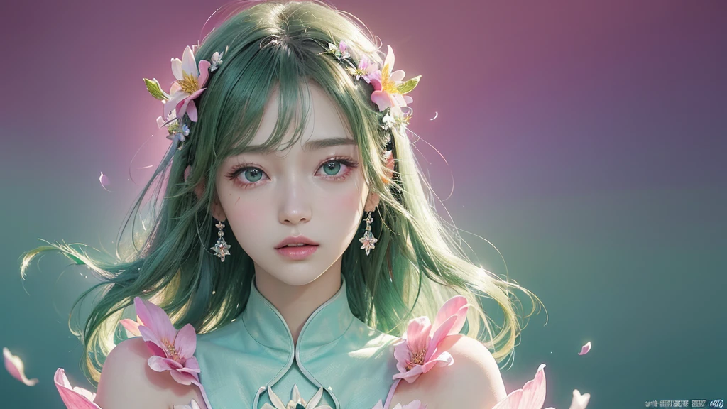 One girl, alone, flower畑, flower, (Official Art, unity 8k wallpaper, Super detailed, beautifully、aesthetic, masterpiece ,Highest quality:1.3), (Dynamic Angle:1.2), (Floating colorful sparkles:1) , elegant, Vibrant colors, Highly detailed face, Detailed eyes, Glowing Skin, Glossy Lips , Pale green background,