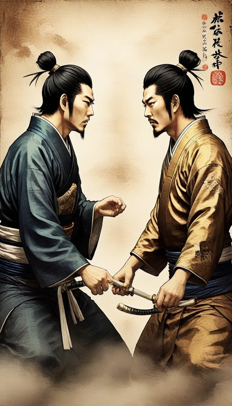 Tokugawa Ieyasu and Ishida Mitsunari, facing each other with intense expressions, as the conflict between them escalates, digital art