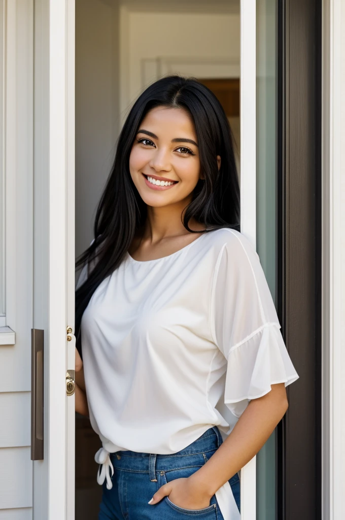A black haired woman,curvilnea,white,Brown eyes,una sonrisa white,stops at the door of my house with a smile