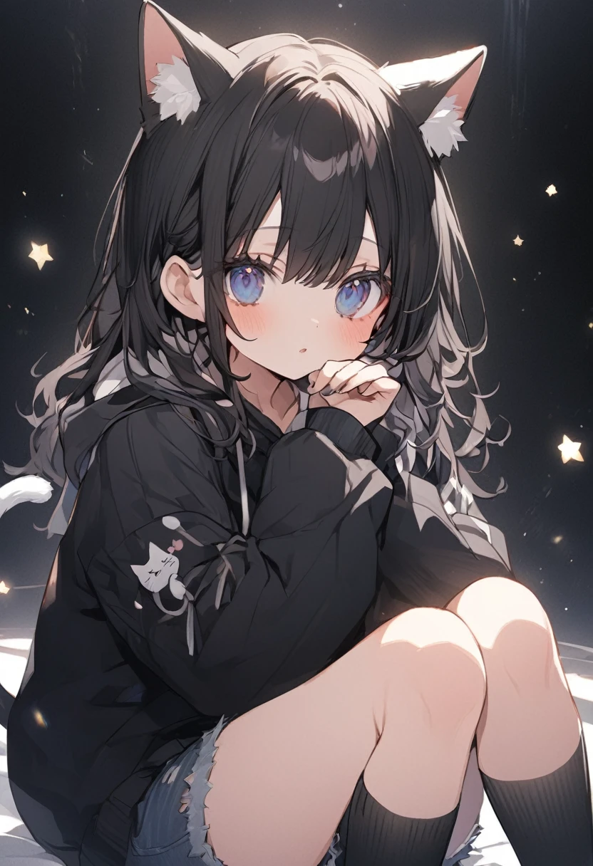 One Girl、Black Hair、Dark blue eyes、Cat ear、Black hoodie、Perfect Face、Perfect Eyes、Perfect Nose、Perfect Mouth、beautiful、delicateな目、Fair skin、cute、、cute、Sitting on the floor、Black socks、Jean Shorts、Black Background、frontを向いている、Hands hidden in sleeves、front、frontを向いている、beautiful、delicate、beautifulな線