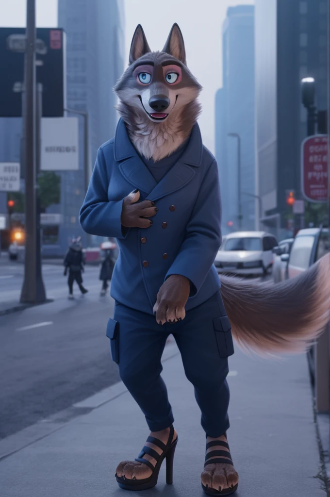 Emilia (Zootopia), wolf, Gray Fur, (brown body:1.3), Blue eyes, Zootopia, makeup,lipstick, dressed,blue blue jacket,shirt,blue pants,pink,, platform heel sandals, female breast,canine, Wolf, Detailed fur, Female, antro, paw pads, finger claws, At the viewer, 5 fingers, paws, 5 fingers,goes to a women's shoe store and chooses heels,mood,open mouth, flash cameras, loving husband,two children,close to the camera,holding high heel sandals,
BREAK from nextel, for dating, by xenoforge, (difficult, high detail, film photography, soft focus, RAW, fluororealism, realistic, photorealistic, digital style, Subsurface scattering,in a women's shoe store, it's sitting, office,
masterpiece, Best quality, ultra realistic, 8 k)
