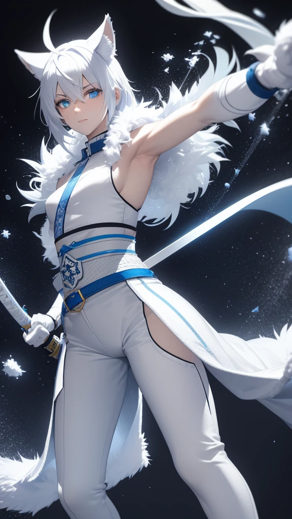 AGE: 19 years old Appearance:
hair: white, lank and slightly messy, reaches up to his shoulders.
eyes: Crystal blues, that seem to reflect light like ice.
fur: Pale with a slight glow in the sunlight.
height: 1.75 meters.
Complexion: Slim but athletic, with toned muscles.
weapon:
A katana with a light blue blade and a handguard reminiscent of a snowflake. The handle is wrapped in white leather to provide better grip in cold conditions..
outfit:
He wears a blue haori with snowflake patterns, dark pants and high boots. He wears a white belt where he keeps his katana.. It is often covered with a layer of fur to protect itself from the cold..