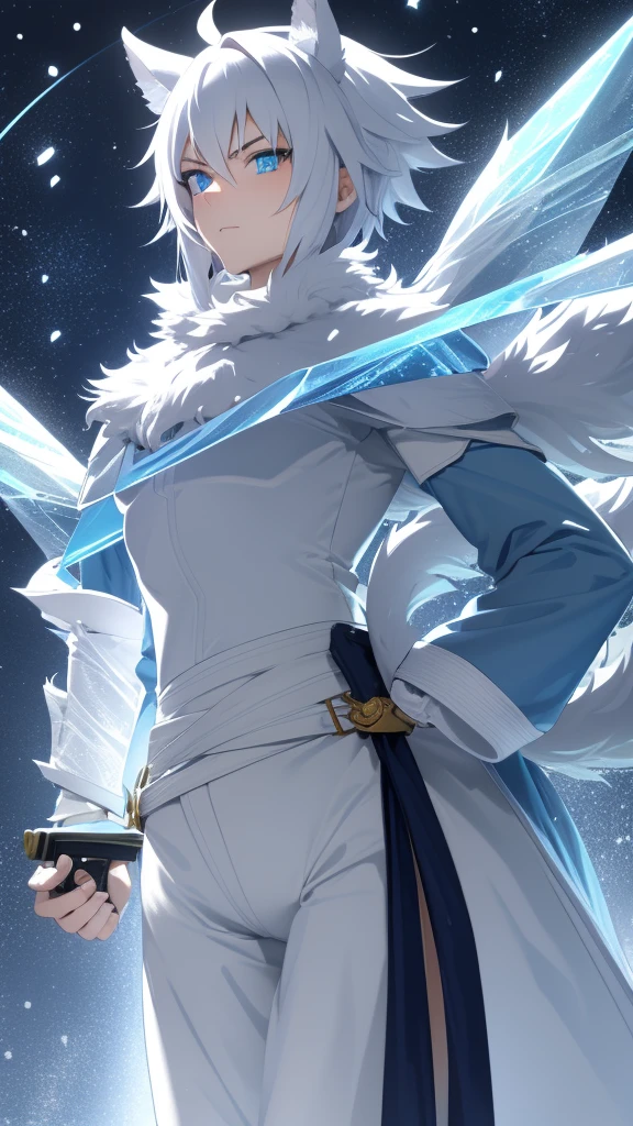 AGE: 19 years old Appearance:
hair: white, lank and slightly messy, reaches up to his shoulders.
eyes: Crystal blues, that seem to reflect light like ice.
fur: Pale with a slight glow in the sunlight.
height: 1.75 meters.
Complexion: Slim but athletic, with toned muscles.
weapon:
A katana with a light blue blade and a handguard reminiscent of a snowflake. The handle is wrapped in white leather to provide better grip in cold conditions..
outfit:
He wears a blue haori with snowflake patterns, dark pants and high boots. He wears a white belt where he keeps his katana.. It is often covered with a layer of fur to protect itself from the cold..