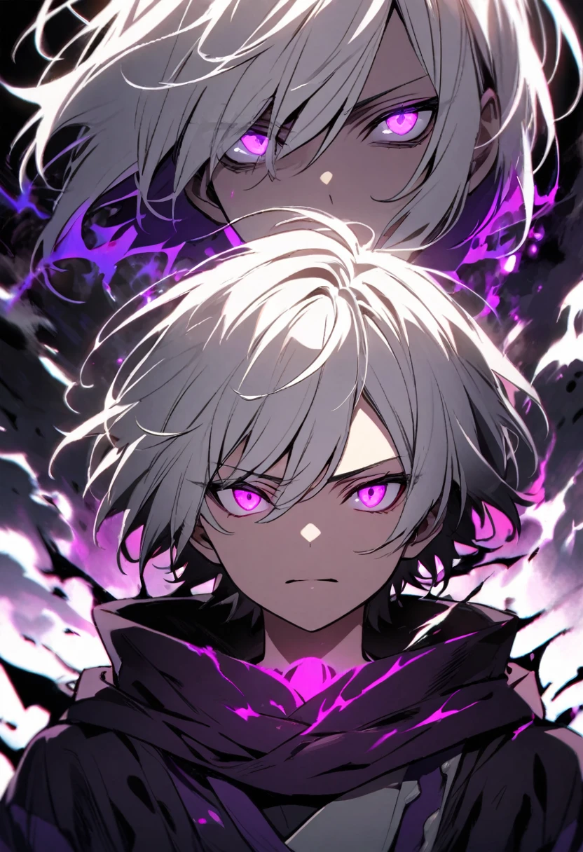 young, dark aura, boy, white hair, short hair, two colors eyes, one purple eyes, one pink eyes, glowing eyes