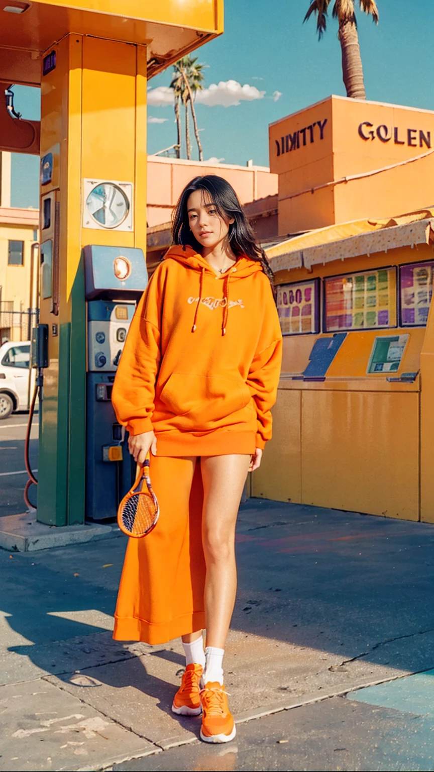 (medium shot portrait) of cute 23 yo girl ,wear ((orange color oversized_hoodie)), wear ((purple tennis skirt)),looking front,Best Quality,Masterpiece,Ultra High Resolution,(Realisticity:1.4),Original Photo, 1Girl, light leak,ultra high resolution,UHD,beautiful, (black straight hair), almond eye, no makeup, in front of ((80's blue red yellow green color gas station)), (realistic:1.2), (surreal:1.3), (very detailed:1.1), ((masterpiece)),summer, blue sky, palm trees,sunny, los angles vibes,film camera, 800mm lens,
