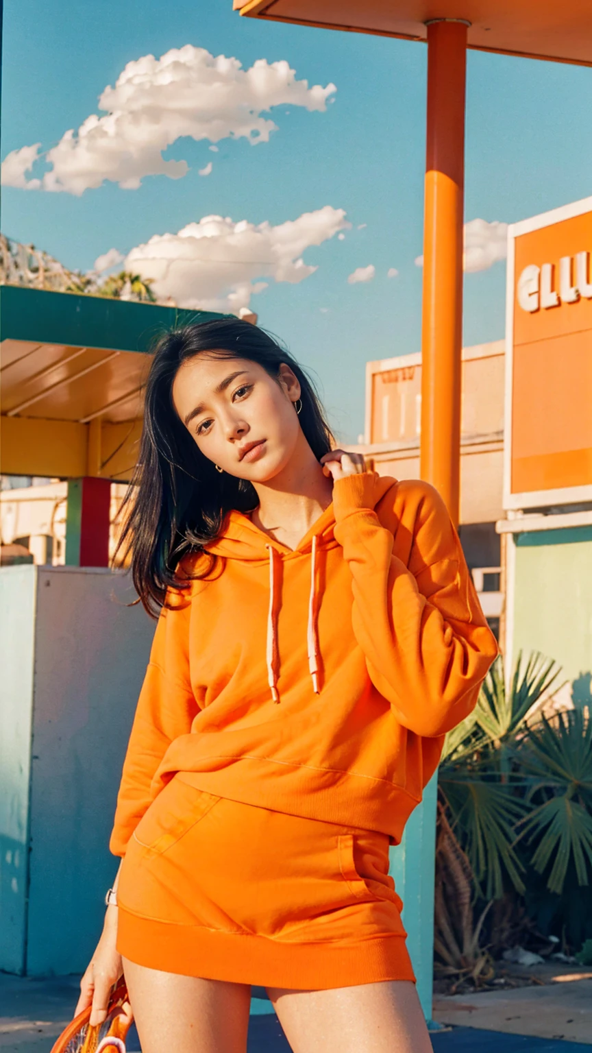 (medium shot portrait) of cute 23 yo girl ,wear ((orange color oversized_hoodie)), wear ((purple tennis skirt)),looking front,Best Quality,Masterpiece,Ultra High Resolution,(Realisticity:1.4),Original Photo, 1Girl, light leak,ultra high resolution,UHD,beautiful, (black straight hair), almond eye, no makeup, in front of ((80's blue red yellow green color gas station)), (realistic:1.2), (surreal:1.3), (very detailed:1.1), ((masterpiece)),summer, blue sky, palm trees,sunny, los angles vibes,film camera, 800mm lens,