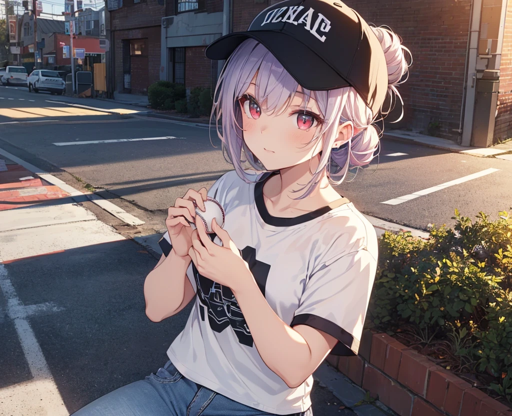 (Close-up:1.3),Realistic,Highest quality, Super detailed, High-quality CG rendering, The most delicate and beautiful, Floating softly, High resolution, (1 girl), (Highest quality,4K,8k,masterpiece:1.2), Light purple hair,(Hair in a bun:1.5),Red eyes,(Pure white oversized short sleeve T-shirt:1.3),(Black skinny jeans:1.3),(Pure white baseball cap:1.3),In the city,old buildings
