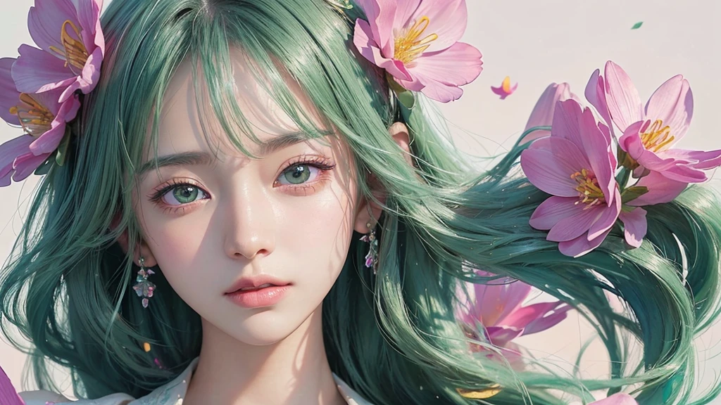 One girl, alone, flower畑, flower, (Official Art, unity 8k wallpaper, Super detailed, beautifully、aesthetic, masterpiece ,Highest quality:1.3), (Dynamic Angle:1.2), (Floating colorful sparkles:1) , elegant, Vibrant colors, Highly detailed face, Detailed eyes, Glowing Skin, Glossy Lips , Pale green background,