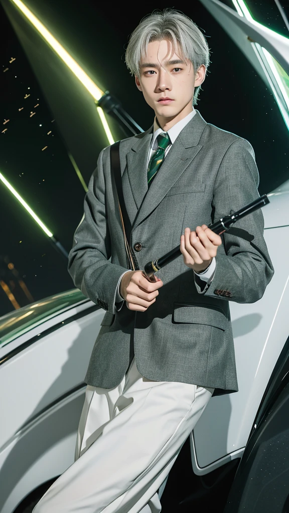 boy,17 years old,detective,gray hair,green eyes,detective服裝,hand holding magnifying glass,british night,The movements are energetic
