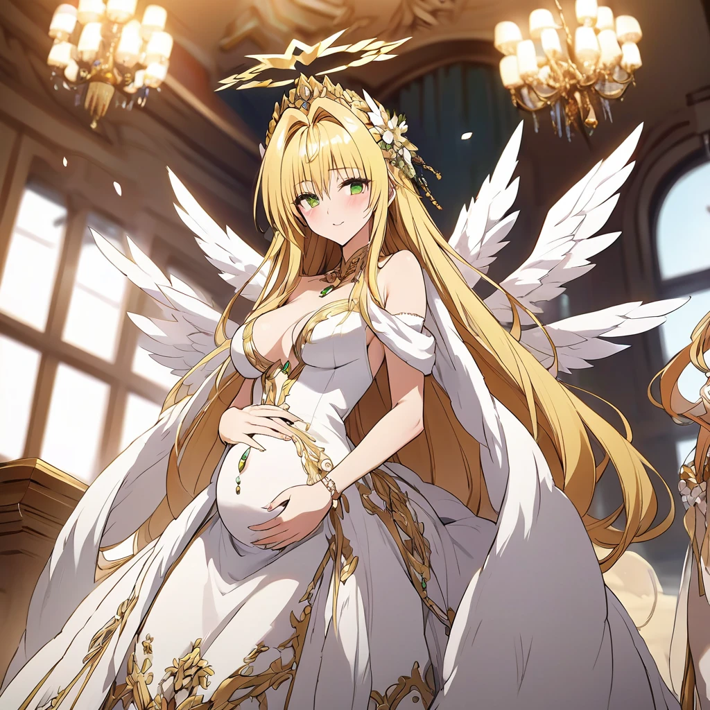 ((Highest quality)), ((masterpiece)), (detailed), (Perfect Face)、The woman is Hera, the Greek goddess, a magnificent and large angel.6An archangel and god with wings and a shining halo above his head.々Goddess Tiara, wife of Zeus, king of the gods, and queen of the sacred gods.、The woman was the beautiful goddess Goddess Tiare, queen of the one and only god Zeus, with green eyes and medium-long blonde hair. She was wearing a pure white vintage wedding dress with gorgeous gold embroidery and trim, a gorgeous vintage wedding veil, gorgeous jewelry and decorations, an engagement ring, and gorgeous accessories. She was an elegant goddess, the graceful, beautiful, sacred goddess and queen Goddess Tiare.、the woman is pregnant
