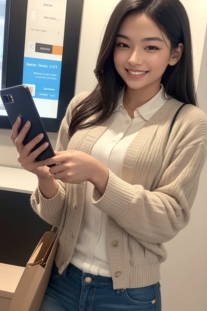 Happy person holding a smartphone with financial gains on the screen.