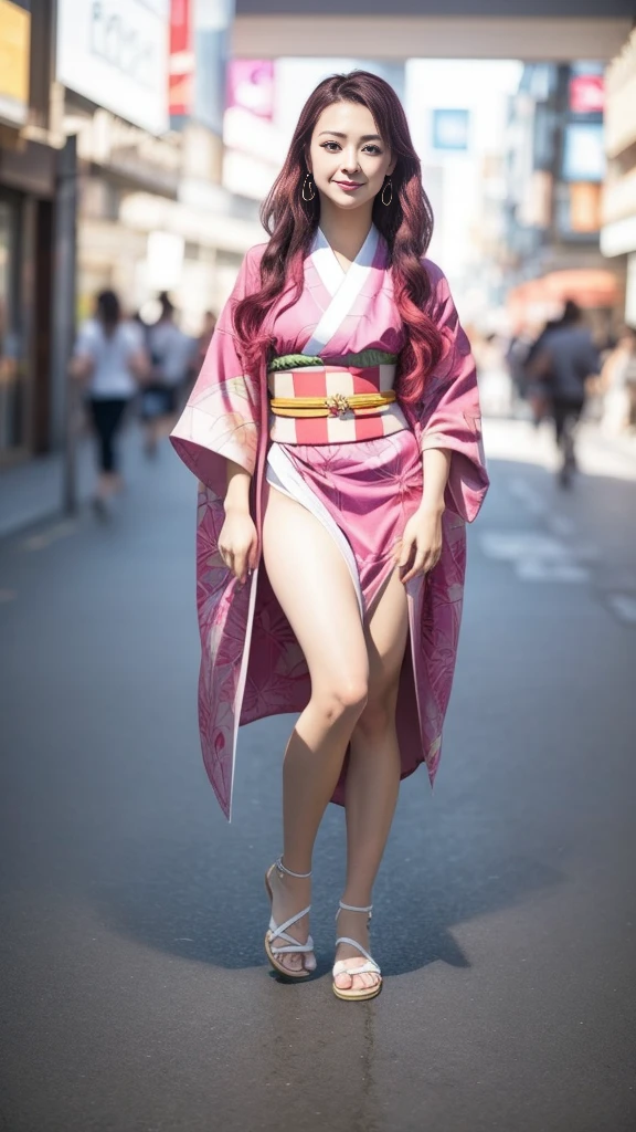 Cute Japanese female, (16 years old), (very cute face), white moist skin, looking at the camera,
BREAK,
Idol,
BREAK,
(wearing cute kimono: 1.3), (revealing kimono), very large earrings, short length,
BREAK,
(kick pose: 1.3),
BREAK,
(long hair), (pink hair: 1.2), (wavy hair), (gradient hair: 1.3), (hair with red tips),
BREAK,
(realistic: 1.3), masterpiece, perfect lighting, (ultra-high resolution), (8K), (highly detailed: 1.4), (from the front), (full body: 1.4), (symmetrical: 1.2),
BREAK,
(Shibuya, Japan: 1.2),
BREAK,
(Demon Slayer: 1.4),