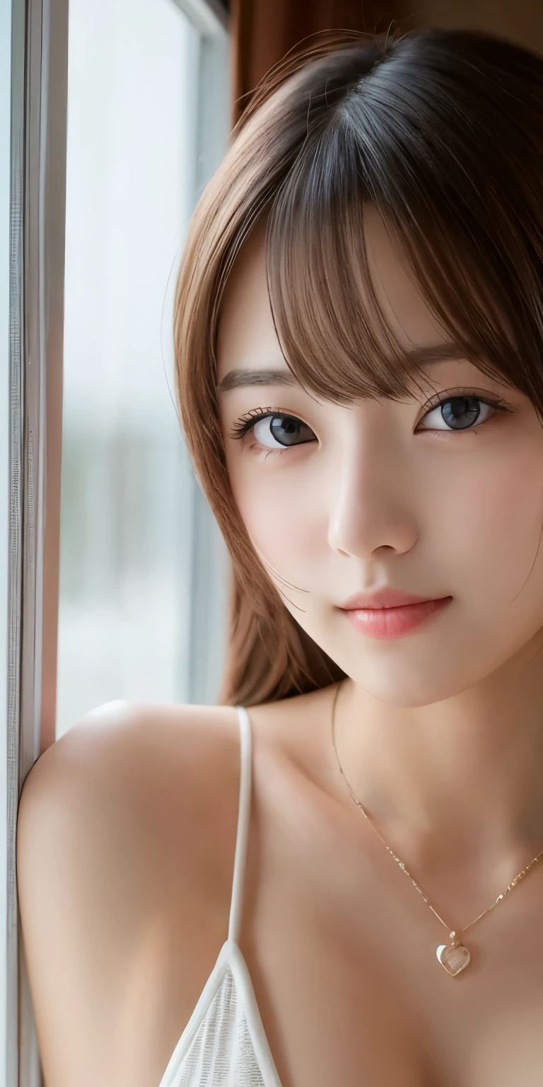 NSFW、16K、フォトReal、Highest quality、masterpiece、Ultra-high resolution、Raw photo、Real、Face light、looking at the camera、A 20-year-old Japanese idol girl、Super beautiful、Realな肌の質感、Glowing Skin、Moisturized skin、Realな目と顔のディテール、Perfect Style、Model&#39;s body type、Beautiful Eyes、Big eyes、Inconspicuous tear bags、slim、Big Breasts、No bra、Nipples pushing up clothes、Camel Toe、A beautiful, unadorned belly button、not long nails、Very short hair、Black Hair、black eye、looks fun、Beautiful hip line、(((Leaning forward)))、Nipples are slightly visible from the chest
