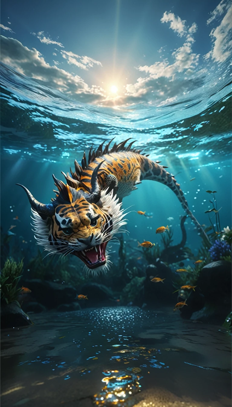 水中的一种Fantasy Creatures(best quality,4K,8k,High level,masterpiece:1.2),Ultra Detailed,(lifelike,Photo real,Photo real:1.37),Highly detailed animals,Complex patterns,Realistic lighting,Fantasy Creatures