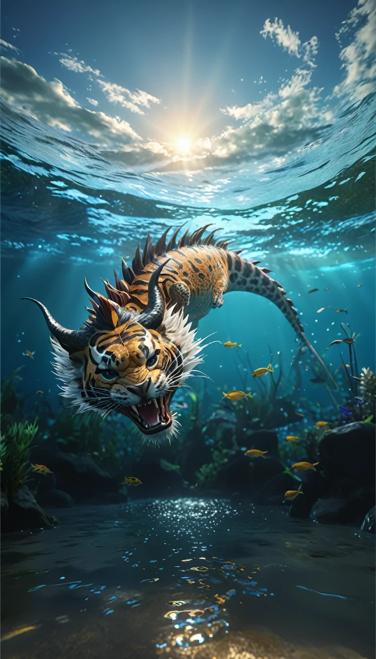 水中的一种Fantasy Creatures(best quality,4K,8k,High level,masterpiece:1.2),Ultra Detailed,(lifelike,Photo real,Photo real:1.37),Highly detailed animals,Complex patterns,Realistic lighting,Fantasy Creatures