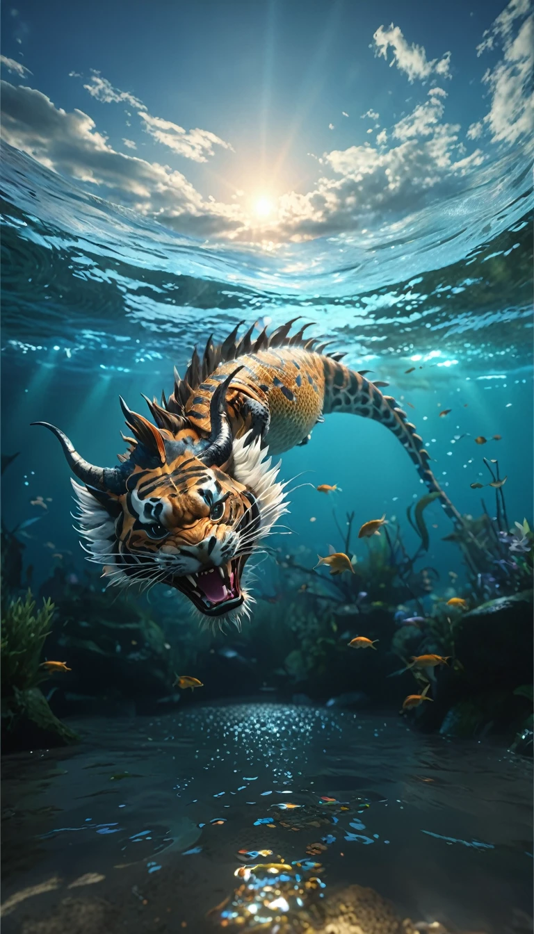 水中的一种Fantasy Creatures(best quality,4K,8k,High level,masterpiece:1.2),Ultra Detailed,(lifelike,Photo real,Photo real:1.37),Highly detailed animals,Complex patterns,Realistic lighting,Fantasy Creatures