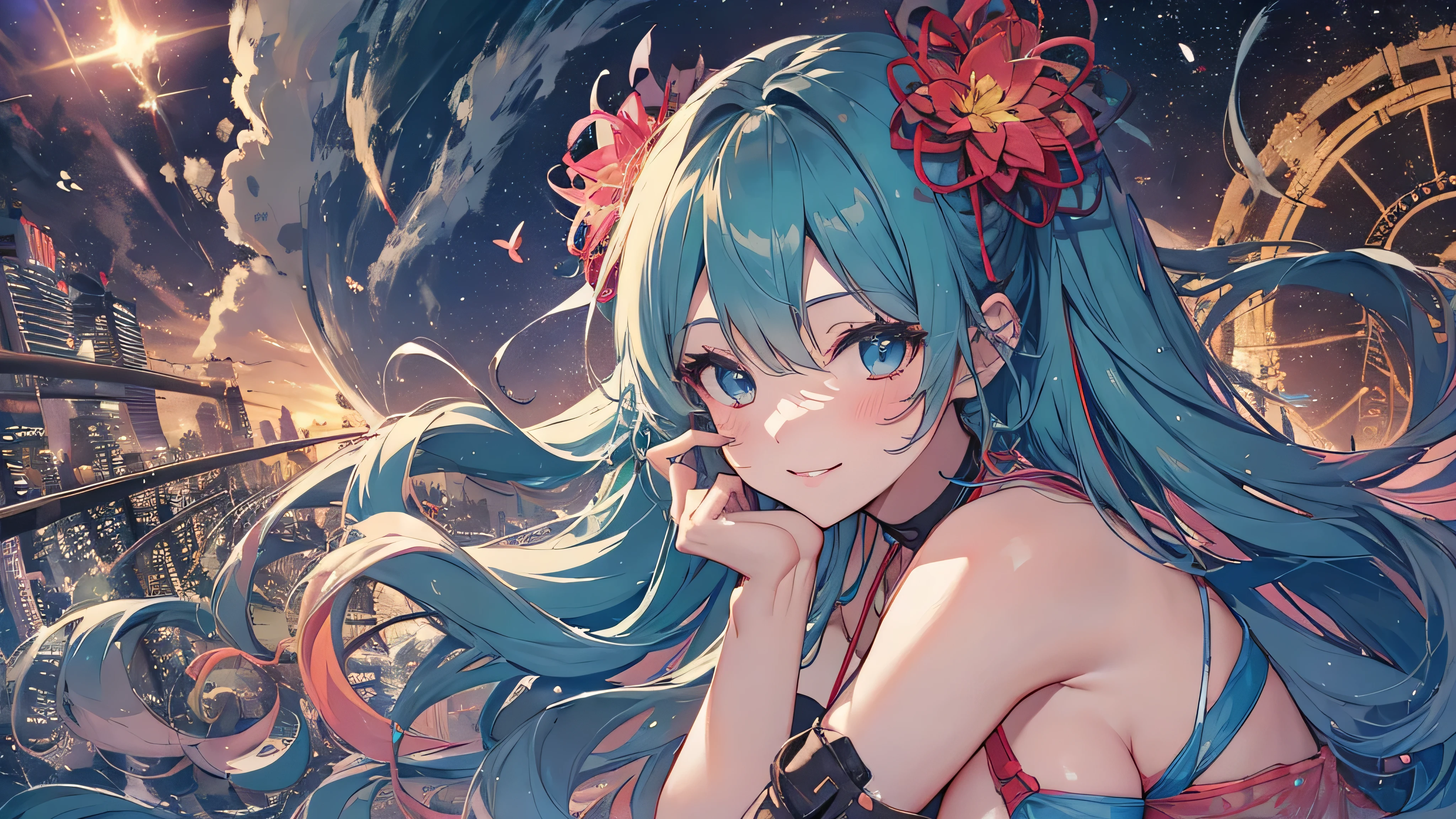soles, masterpiece, Hatsune Miku, 1 person, solo, hair inhalation, face up, blue sky, glow white particle, (sidelighting:1.2), sun rise , pink cloud, detailed clouds, slender, Lovely small exposed large breasts, super cute smile with teeth, red cheek, blushing, beautiful green hair, magic light, deep shiny blue eyes, cute girly pause, Draw your breasts inward and push them up, choker, exposed breasts, exposed pink nipples, white micro bikini, super detailed beautiful Kyoto view background, sunset view, wide shot, giving peace sign, jumping, fun, full body, fireworks,galaxy,glint ,light particles,light rays,light trail,Energy circle,Magic Formation,Concentric circle,fire magic,magic circle,milky way,planet,shooting star,sky,solo, sparkle background,star \(sky\),star \(symbol\),starry background,starry sky,starry sky print, tattoo on breasts, full body