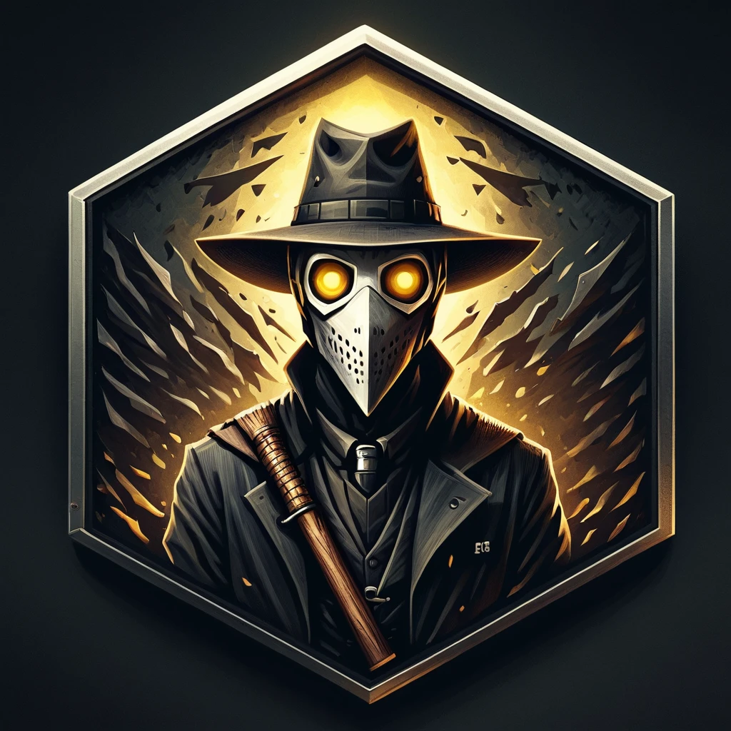 ultra high resolution, detailed, best quality, badgetype,solo badge,counter strike2 type badge,solo,looking at viewer,yellow eyes,1boy,male focus,no humans,mask,glowing,white background,portrait,straight-on,plague doctor, hat, solo, cane