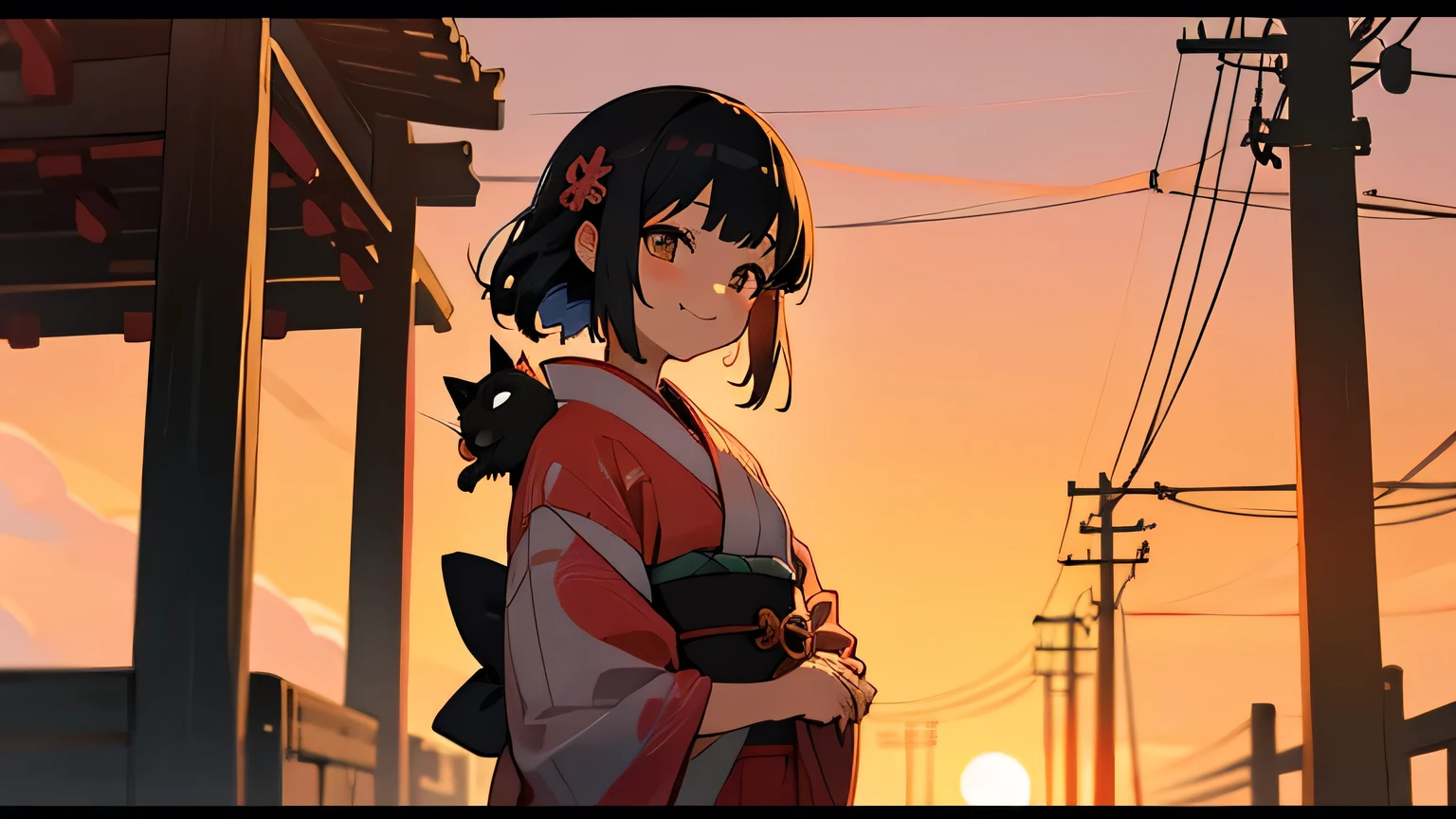 summer, sunset, japan street, kimono, smile japanese girl with cat