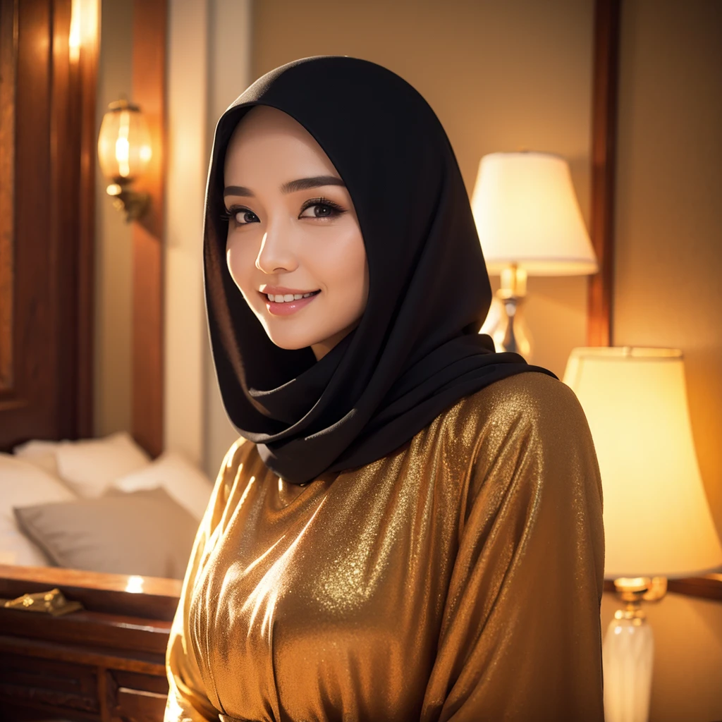 gorgeous 42 year old Indonesian woman, 1girl, silk abaya, hijab, smiling shyly visible teeth, hot mom, portrait, best quality, 4k, 8k, highres, masterpiece, ultra-detailed, realistic, photorealistic, photo-realistic, HDR, UHD, studio lighting, ultra-fine painting, sharp focus, physically-based rendering, extreme detail description, professional, vivid colors, bokeh, portraits, warm color tones, dramatic lighting