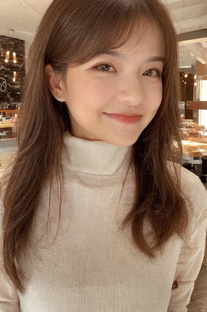 masutepiece, Best Quality, Illustration, Ultra-detailed, finely detail, hight resolution, 8K Wallpaper, Perfect dynamic composition, Beautiful detailed eyes, Long sleeve knit with shoulder extension,Bob Hair, mid-chest, Natural Color Lip, Random and sexy poses,Smile,20 years girl,Colossal tits,cafes,Coffee,Emphasis on the chest