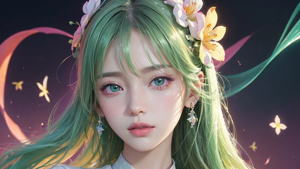 One girl, alone, flower畑, flower, (Official Art, unity 8k wallpaper, Super detailed, beautifully、aesthetic, masterpiece ,Highest quality:1.3), (Dynamic Angle:1.2), (Floating colorful sparkles:1) , elegant, Vibrant colors, Highly detailed face, Detailed eyes, Glowing Skin, Glossy Lips , Pale green background,