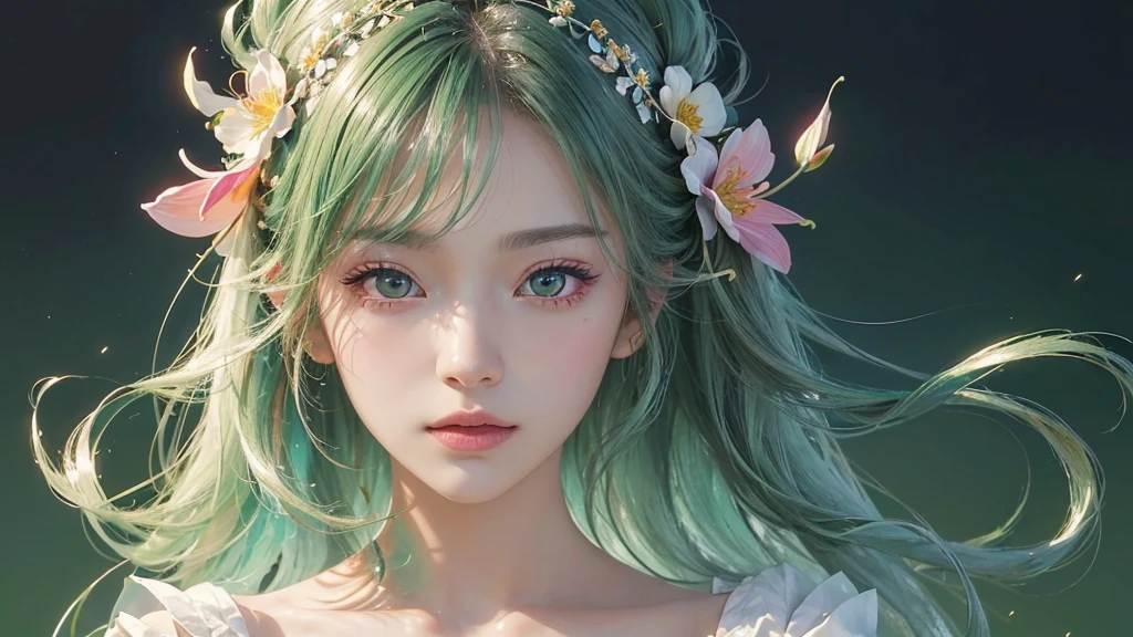 One girl, alone, flower畑, flower, (Official Art, unity 8k wallpaper, Super detailed, beautifully、aesthetic, masterpiece ,Highest quality:1.3), (Dynamic Angle:1.2), (Floating colorful sparkles:1) , elegant, Vibrant colors, Highly detailed face, Detailed eyes, Glowing Skin, Glossy Lips , Pale green background,
