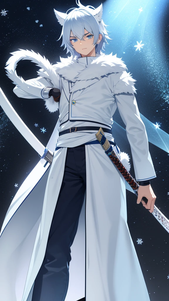AGE: 19 years old Appearance:
Let him be a man of Hair: white, lank and slightly messy, reaches up to his shoulders.
eyes: Crystal blues, that seem to reflect light like ice.
fur: Pale with a slight glow in the sunlight.
height: 1.75 meters.
Complexion: Slim but athletic, with toned muscles.
weapon:
A katana with a light blue blade and a handguard reminiscent of a snowflake. The handle is wrapped in white leather to provide better grip in cold conditions..
outfit:
He wears a blue haori with snowflake patterns, dark pants and high boots. He wears a white belt where he keeps his katana.. It is often covered with a layer of fur to protect itself from the cold..