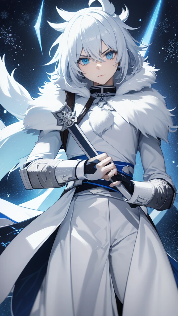 AGE: 19 years old Appearance:

Let him be a man of Hair: white, lank and slightly messy, reaches up to his shoulders.
eyes: Crystal blues, that seem to reflect light like ice.
fur: Pale with a slight glow in the sunlight.
height: 1.75 meters.
Complexion: Slim but athletic, with toned muscles.
weapon:
A katana with a light blue blade and a handguard reminiscent of a snowflake. The handle is wrapped in white leather to provide better grip in cold conditions..

outfit:
He wears a blue haori with snowflake patterns, dark pants and high boots. He wears a white belt where he keeps his katana.. It is often covered with a layer of fur to protect itself from the cold..
