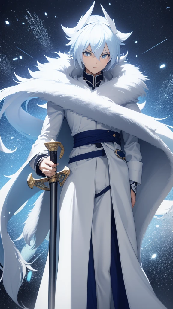 AGE: 19 years old Appearance:
Let him be a man of Hair: white, lank and slightly messy, reaches up to his shoulders.
eyes: Crystal blues, that seem to reflect light like ice.
fur: Pale with a slight glow in the sunlight.
height: 1.75 meters.
Complexion: Slim but athletic, with toned muscles.
weapon:
A katana with a light blue blade and a handguard reminiscent of a snowflake. The handle is wrapped in white leather to provide better grip in cold conditions..
outfit:
He wears a blue haori with snowflake patterns, dark pants and high boots. He wears a white belt where he keeps his katana.. It is often covered with a layer of fur to protect itself from the cold..