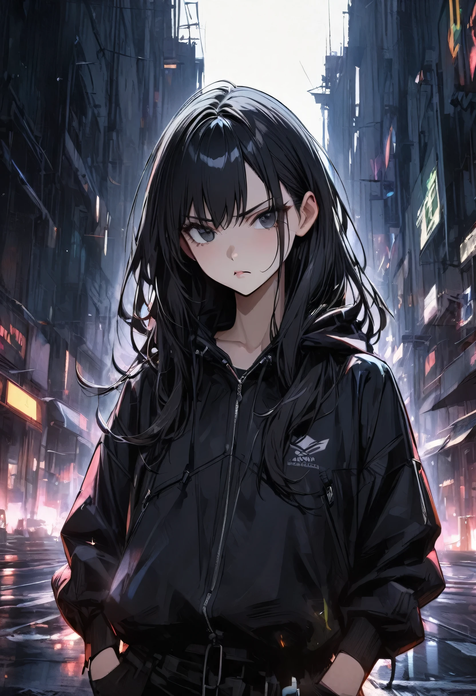 Young girl black long hair black eyes cyberpunk black windbreaker high quality masterpiece sunny serious expression