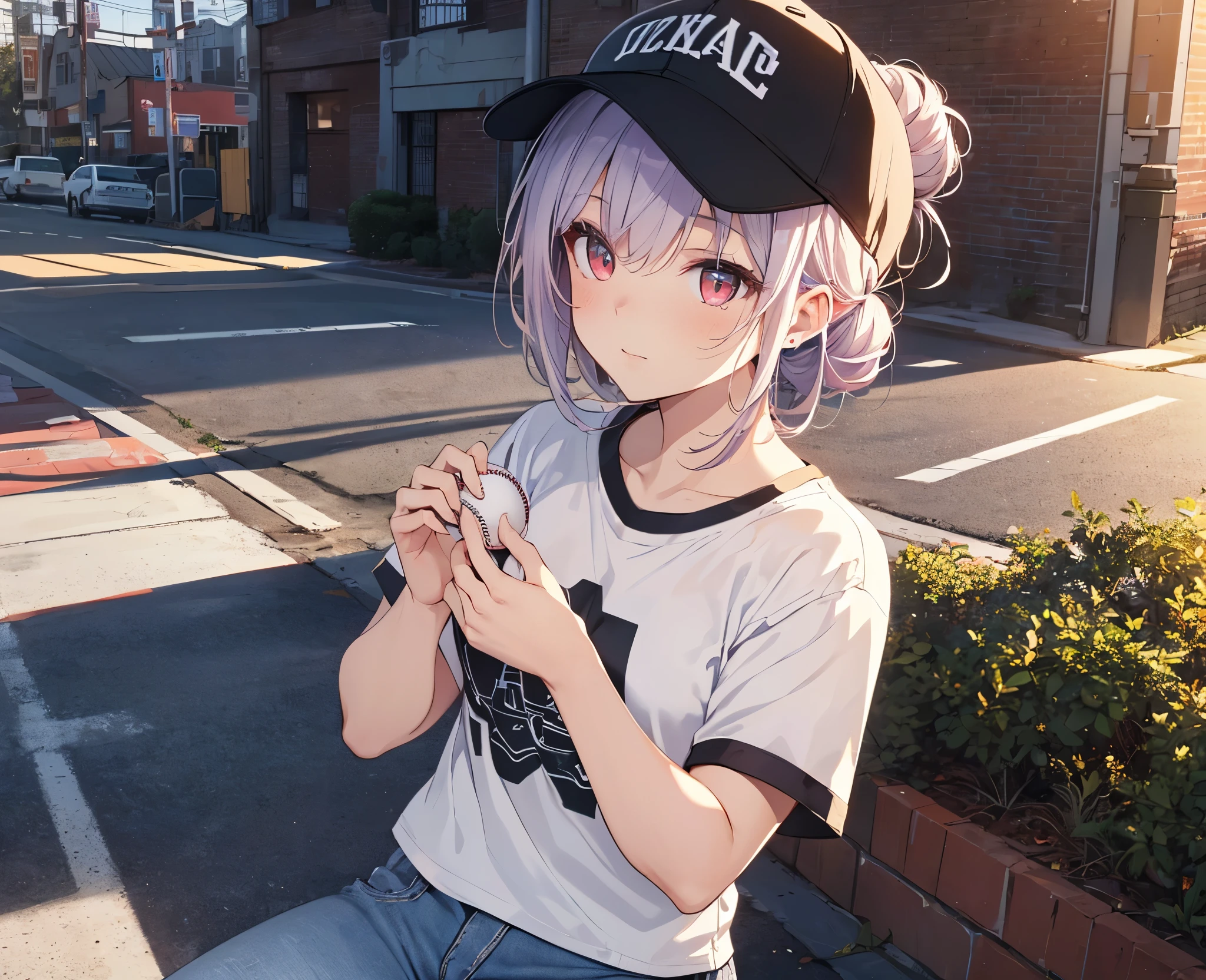 (Close-up:1.3),Realistic,Highest quality, Super detailed, High-quality CG rendering, The most delicate and beautiful, Floating softly, High resolution, (1 girl), (Highest quality,4K,8k,masterpiece:1.2), Light purple hair,(Hair in a bun:1.5),Red eyes,(Pure white oversized short sleeve T-shirt:1.3),(Black skinny jeans:1.3),(Pure white baseball cap:1.3),In the city,old buildings
