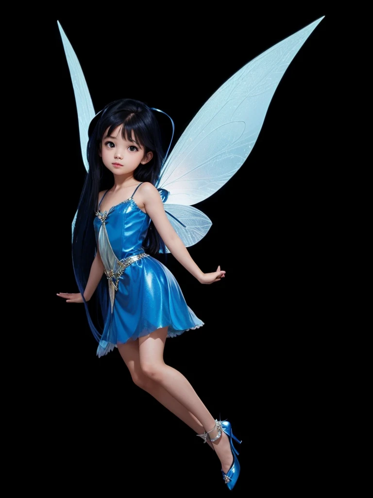 A beautiful fair-skinned fairy, with blue dress, blue wings, straight black hair shiny blue