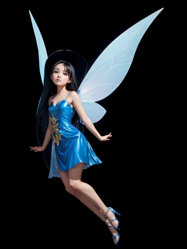 A beautiful fair-skinned fairy, with blue dress, blue wings, straight black hair shiny blue