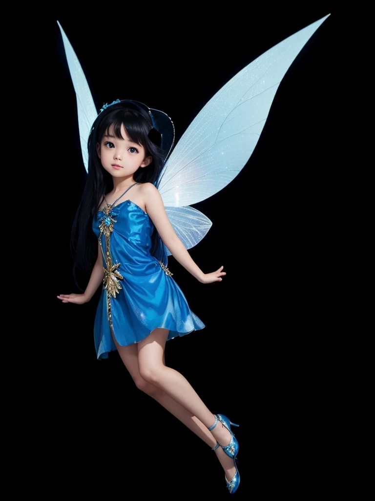 A beautiful fair-skinned fairy, with blue dress, blue wings, straight black hair shiny blue