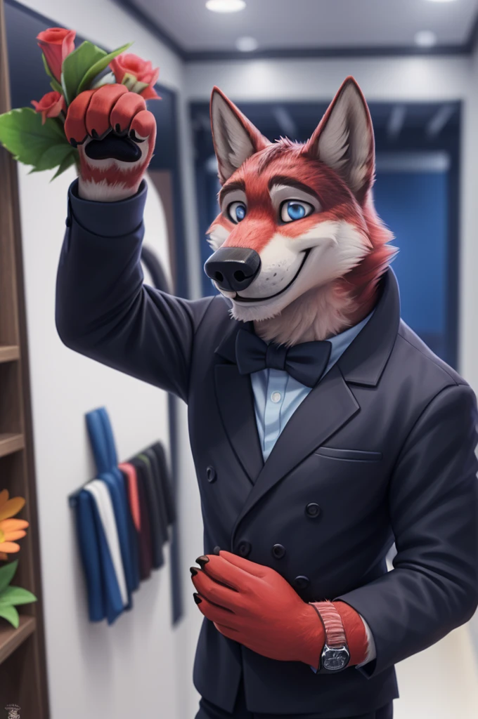 Ivan Fedorovich Wolfbach (Novosibirsk) ,tall handsome, wolf,young, 24 years, brown fur,Kind,(red body:1.3),beautiful blue eyes,Novosibirsk,dressed, white jacket, black shirt, blue and black striped bow tie, trousers,canine, wolf, detailed fur, Male, antro, paw pads, finger claws,At the viewer, 5 fingers, paws, 5 fingers, smile, wrist watch, т nextel,by xenoforge, (difficult, high detail, digital photography, soft focus, RAW variety театр,Very close to the camera, variety,Novosibirsk, smile, good mood, positive, Very close to the camera,black shirt белый галстук бабочка, viewers love him,
photorealism, realistic, photorealistic, digital style, subsurface scattering,I look at the viewer, in the shop, chooses flowers for mom,
masterpiece, Best quality, ultra realistic, 8 K)