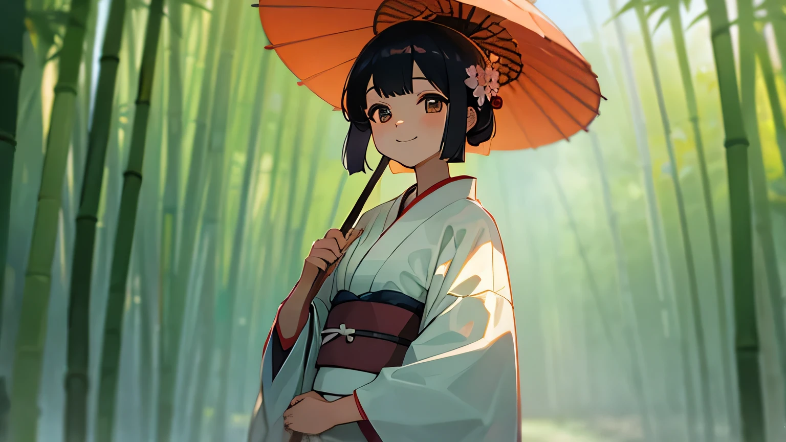 summer, nature, bamboo, kimono, smile japanese girl