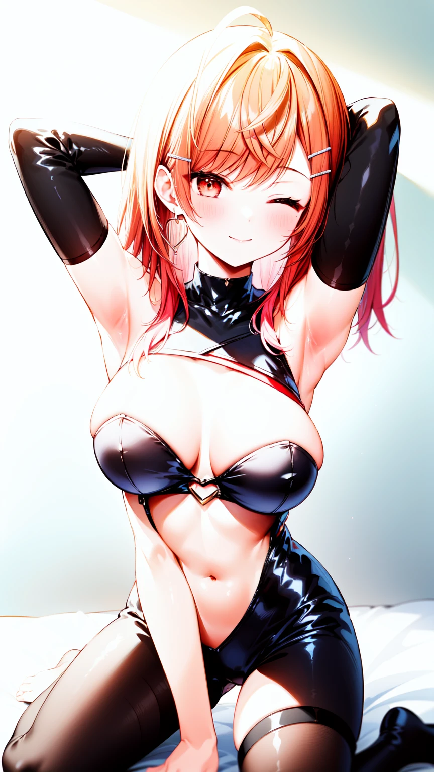1girl,masterclass,best quality, illustration, solo, IchijouRirika, hairclip, reverse bunnysuit, closed mouth, smile, one eyes closed,on bed,blush, large breasts, wariza, spread legs, Leaning forward, arm up, arm behind head