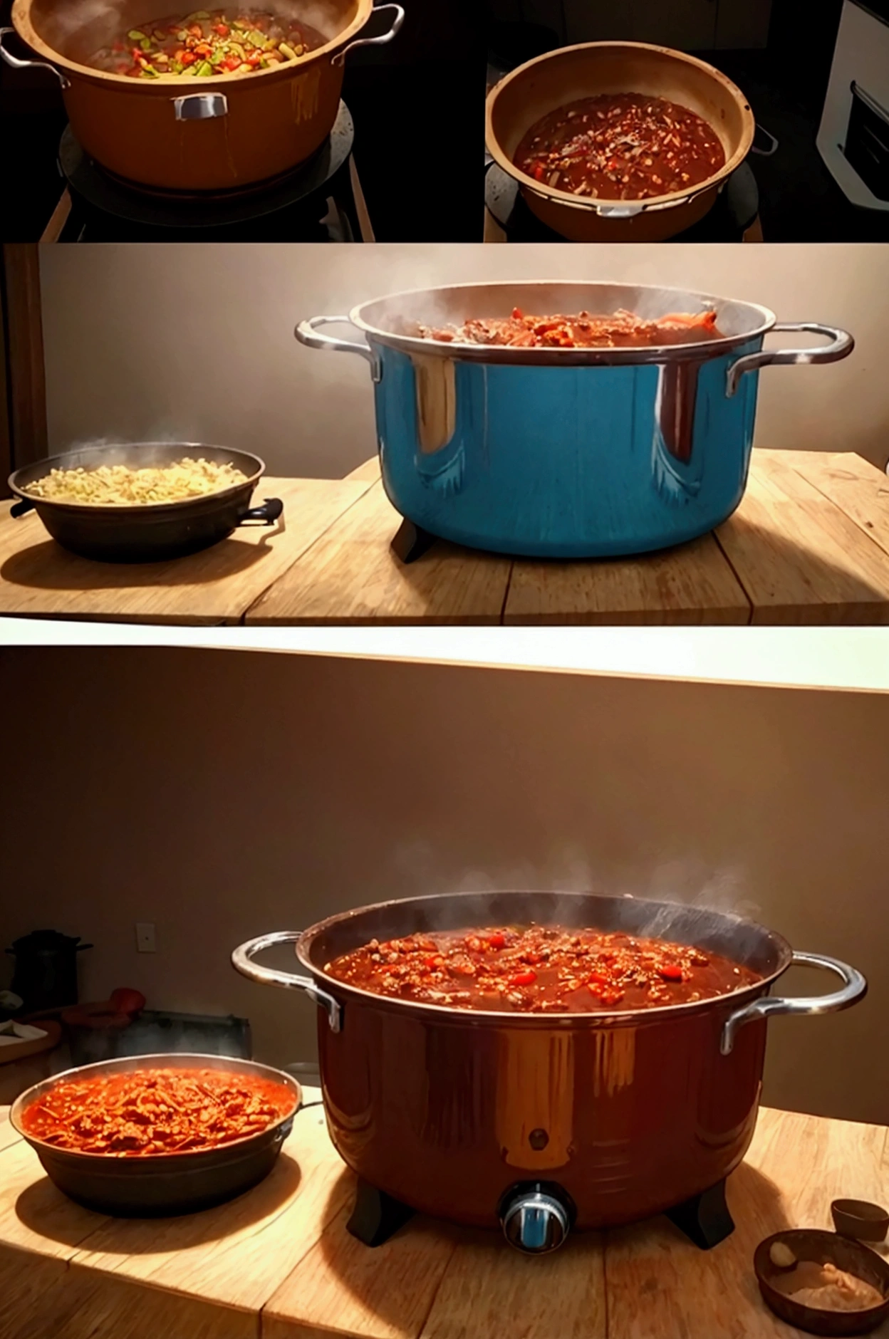 Two cowboys are cooking. One is grilling barbecue. The other is making chili con carne in a pot. 2horses, realistic, hyper-realistic, photorealistic,ultra-detailed,(realistic,photorealistic,photo-realistic:1.37),vivid colors,dramatic lighting,