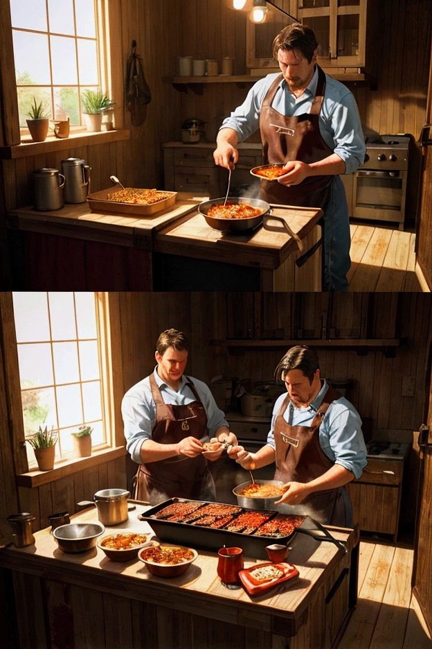 Two cowboys are cooking. One is grilling barbecue. The other is making chili con carne in a pot. 2horses, realistic, hyper-realistic, photorealistic,ultra-detailed,(realistic,photorealistic,photo-realistic:1.37),vivid colors,dramatic lighting,