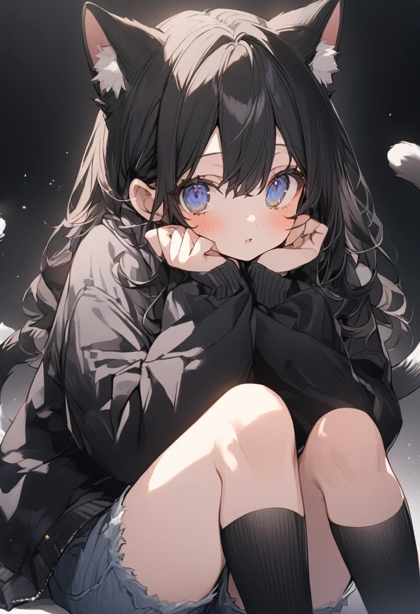 One Girl、Black Hair、Dark blue eyes、Cat ear、Black hoodie、Perfect Face、Perfect Eyes、Perfect Nose、Perfect Mouth、beautiful、delicateな目、Fair skin、cute、、cute、Sitting on the floor、Black socks、Jean Shorts、Black Background、frontを向いている、Hands hidden in sleeves、front、frontを向いている、beautiful、delicate、beautifulな線、front