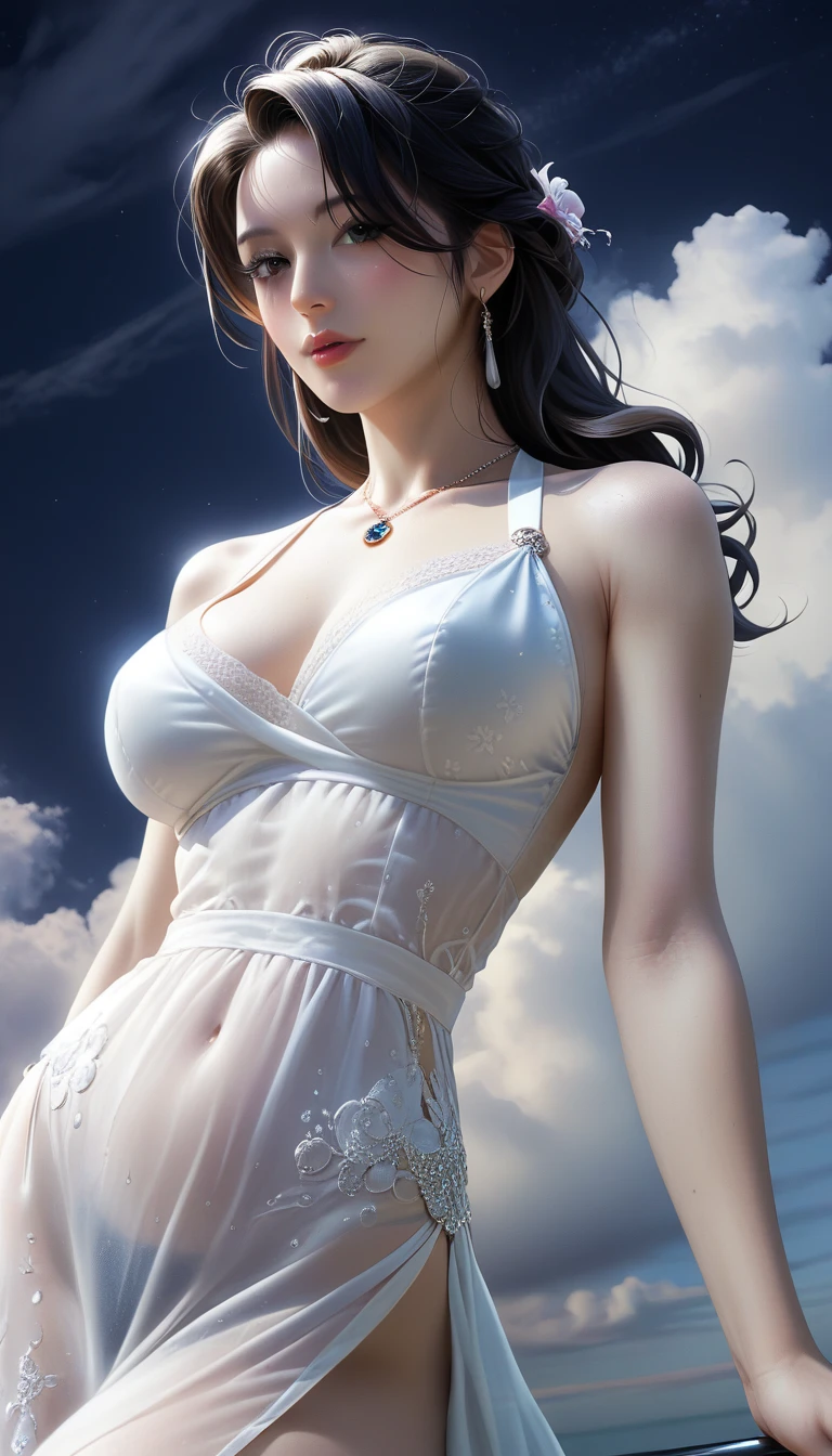score_9, score_8_superior, score_7_superior, Masterpieces with up to 16K resolution,Highest quality,it is really amazing,Very detailed,Ultra-high resolution,Real,Realistic,Increased depth of field,Cinematic lighting,
sexy japanese milf,
Long black hair,(Ultra-detailed and beautiful faces:1.4),Translucent white skin,Very detailedな肌,
(Elegant resort dresses:1.2),
Artistic design,Beautiful and detailed pattern,Detailed fabric texture,
Gorgeous necklace,Earrings,
(A pitch black night sky with dark clouds:1.4),The coast before the storm,
delay々Continuing sandy beach,
(Wide angle:1.3),
