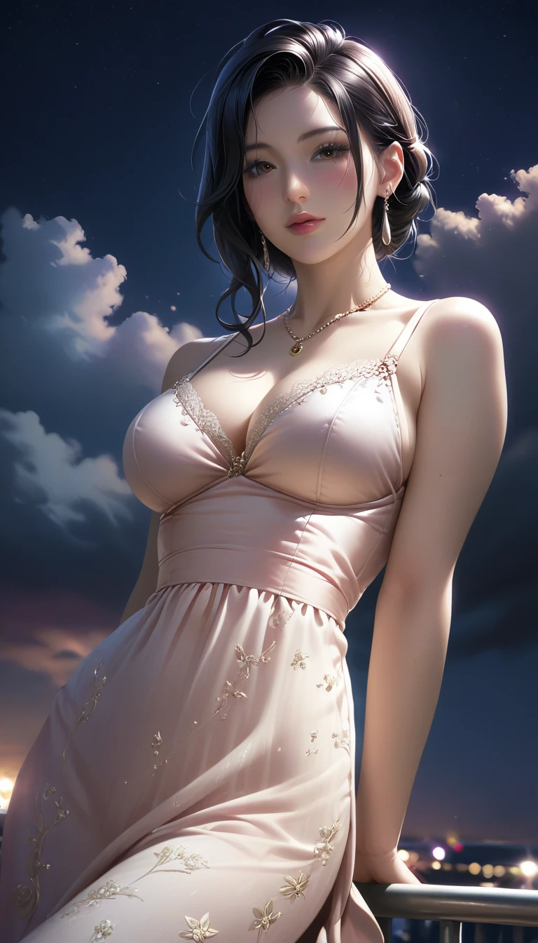 score_9, score_8_superior, score_7_superior, Masterpieces with up to 16K resolution,Highest quality,it is really amazing,Very detailed,Ultra-high resolution,Real,Realistic,Increased depth of field,Cinematic lighting,
sexy japanese milf,
Long black hair,(Ultra-detailed and beautiful faces:1.4),Translucent white skin,Very detailedな肌,
(Elegant resort dresses:1.2),
Artistic design,Beautiful and detailed pattern,Detailed fabric texture,
Gorgeous necklace,Earrings,
(A pitch black night sky with dark clouds:1.4),The coast before the storm,
delay々Continuing sandy beach,
(Wide angle:1.3),