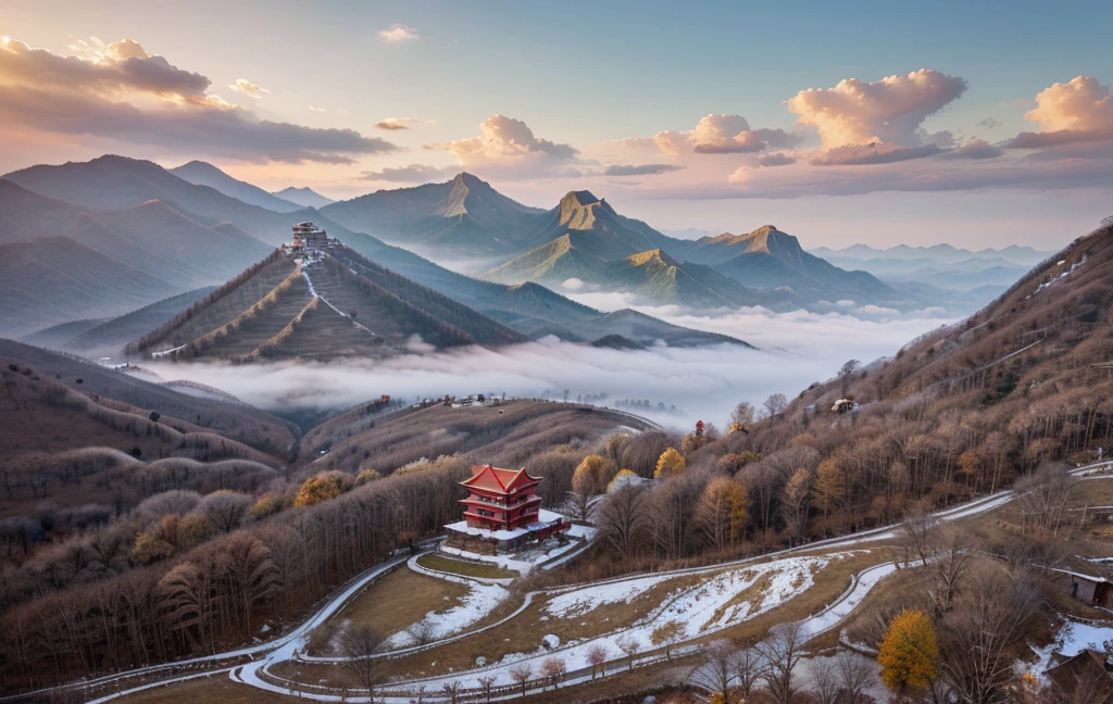 There is a small red building on the mountain, by Cheng Jiasui, Chinese landscape, author:Yuan Jiang, Stunning landscape images, Zhangjiajie in the morning, by Liu Haisu, author:Raymond Han, stunning mountains, by Xia Yong, Fushan, incredibly beautiful, author:Ren Xiong, Zhangjiajie National Forest Park