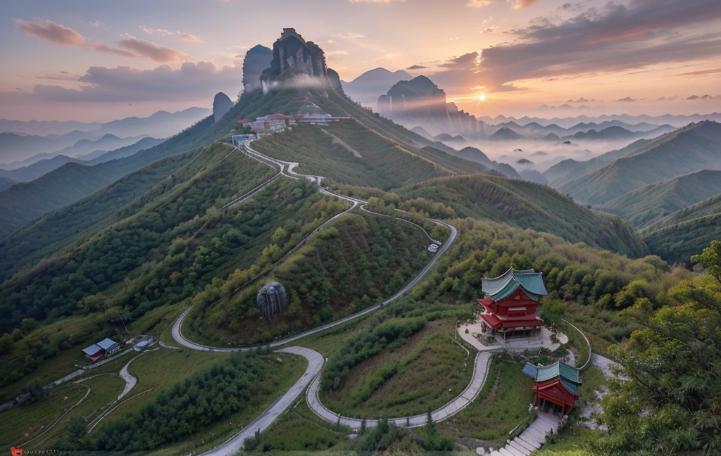 There is a small red building on the mountain, by Cheng Jiasui, Chinese landscape, author:Yuan Jiang, Stunning landscape images, Zhangjiajie in the morning, by Liu Haisu, author:Raymond Han, stunning mountains, by Xia Yong, Fushan, incredibly beautiful, author:Ren Xiong, Zhangjiajie National Forest Park
