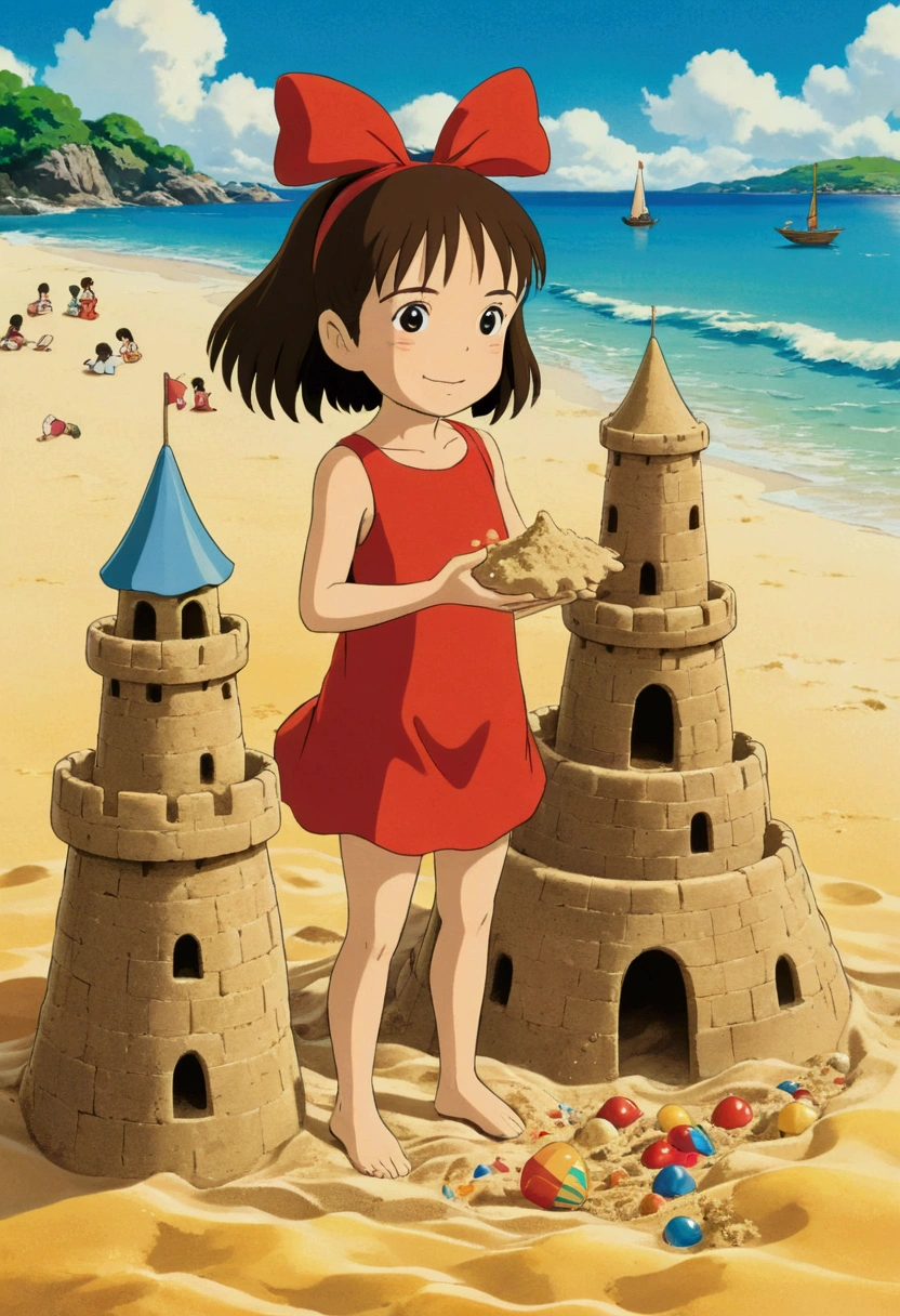 Ghibli　Summer Beach　Playing in the sand　Small sand castle　girl